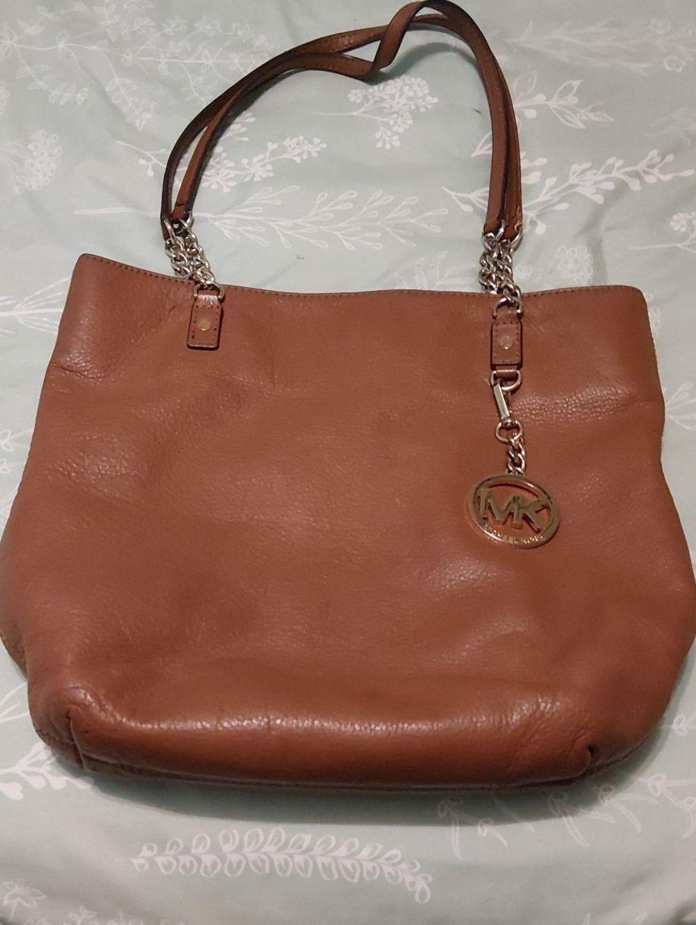 Michael Kors Cognac Leather Tote with Chain-Strap Detail